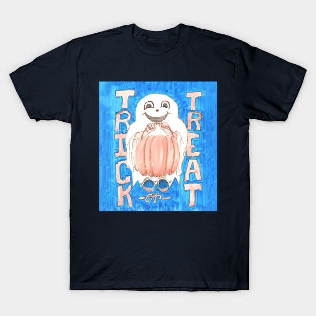 Trick or Treat Ghosty with Pumpkin Pail on Blue Background T-Shirt by CrysOdenkirk